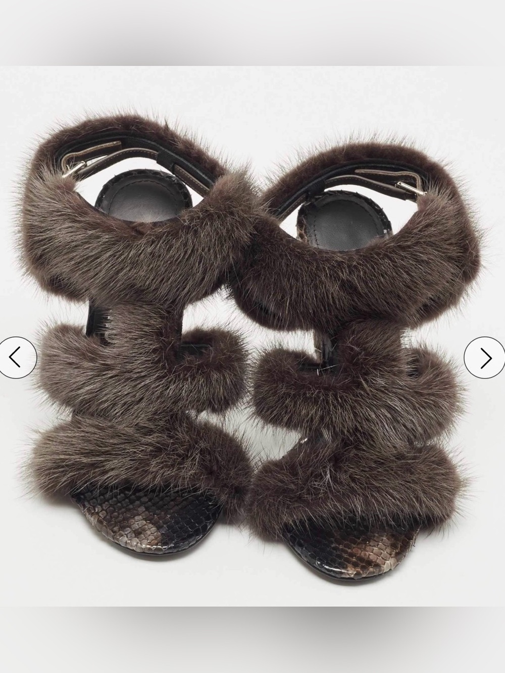 Salvatore Ferragamo Dark Grey Mink Fur and Python Leather Cage Sandals.